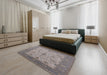 Mid-Century Modern Sandstone Brown Oriental Rug in a Bedroom, urb1648