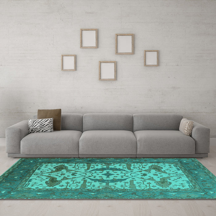 Machine Washable Oriental Turquoise Industrial Area Rugs in a Living Room,, wshurb1649turq
