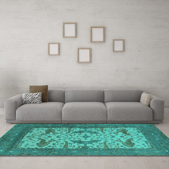 Machine Washable Oriental Turquoise Industrial Area Rugs in a Living Room,, wshurb1650turq