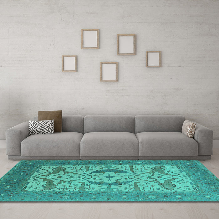 Machine Washable Oriental Turquoise Industrial Area Rugs in a Living Room,, wshurb1651turq