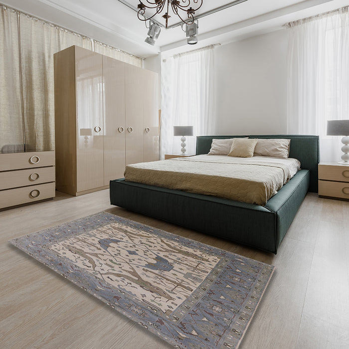 Mid-Century Modern Sandstone Brown Oriental Rug in a Bedroom, urb1651