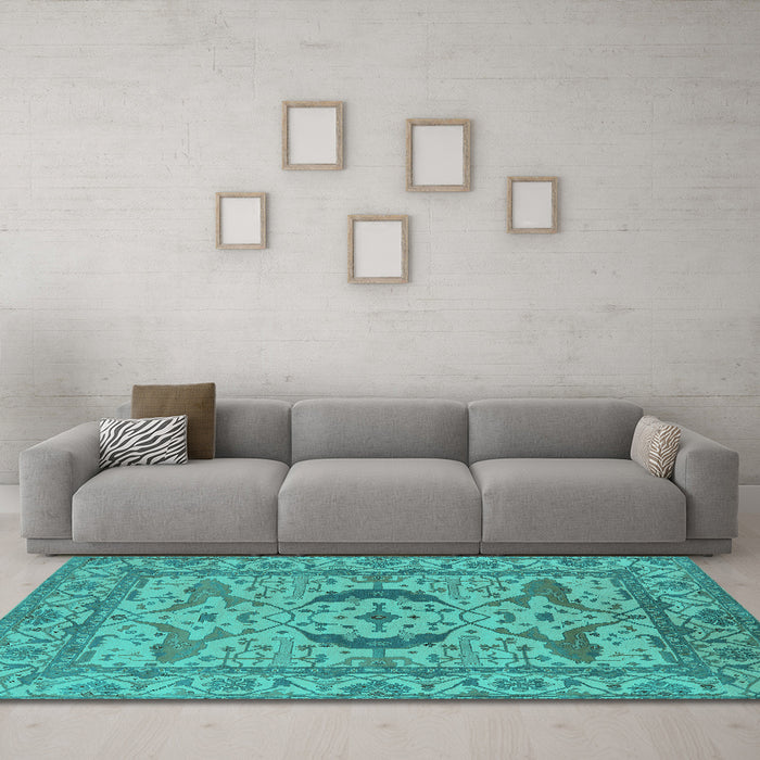 Machine Washable Oriental Turquoise Industrial Area Rugs in a Living Room,, wshurb1652turq