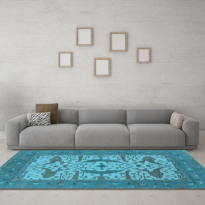 Machine Washable Oriental Light Blue Industrial Rug in a Living Room, wshurb1653lblu