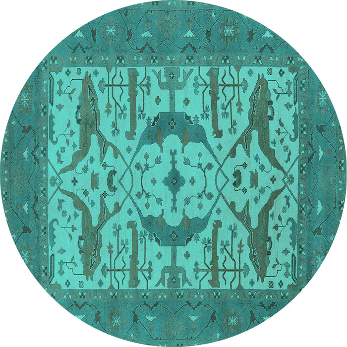 Round Machine Washable Oriental Turquoise Industrial Area Rugs, wshurb1653turq