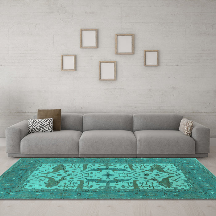 Machine Washable Oriental Turquoise Industrial Area Rugs in a Living Room,, wshurb1653turq