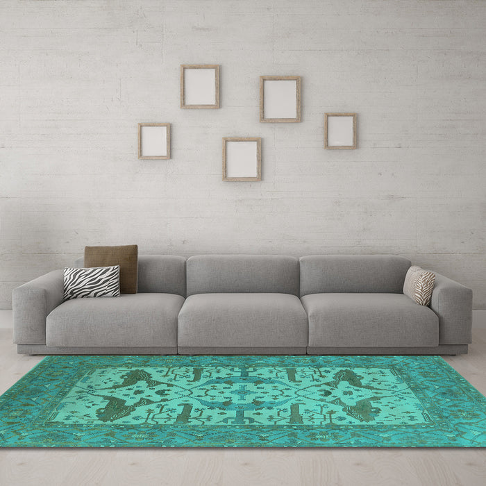 Machine Washable Oriental Turquoise Industrial Area Rugs in a Living Room,, wshurb1654turq