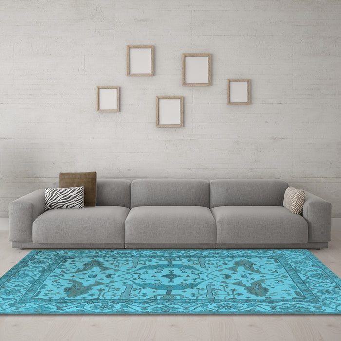 Machine Washable Oriental Light Blue Industrial Rug in a Living Room, wshurb1656lblu