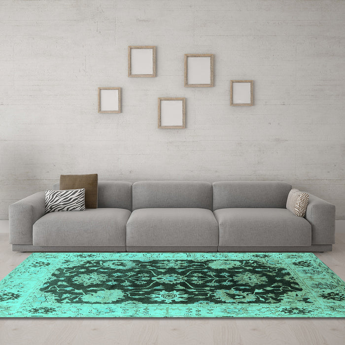 Machine Washable Oriental Turquoise Industrial Area Rugs in a Living Room,, wshurb1657turq