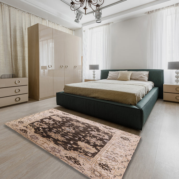 Mid-Century Modern Reddish Brown Oriental Rug in a Bedroom, urb1657