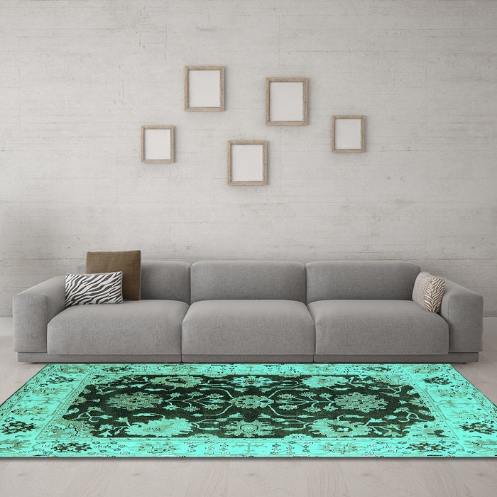 Machine Washable Oriental Turquoise Industrial Area Rugs in a Living Room,, wshurb1658turq