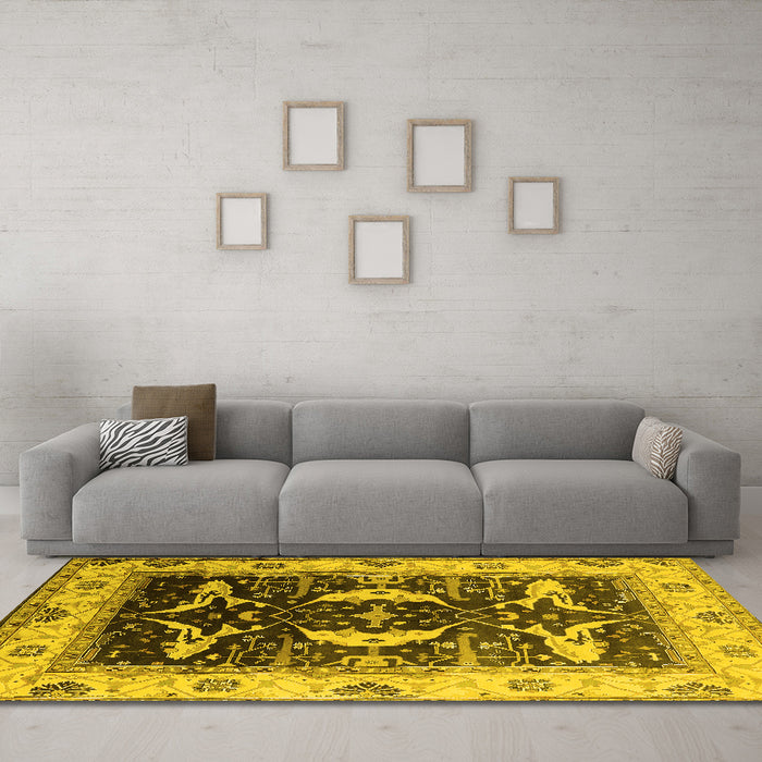 Machine Washable Oriental Yellow Industrial Rug in a Living Room, wshurb1659yw