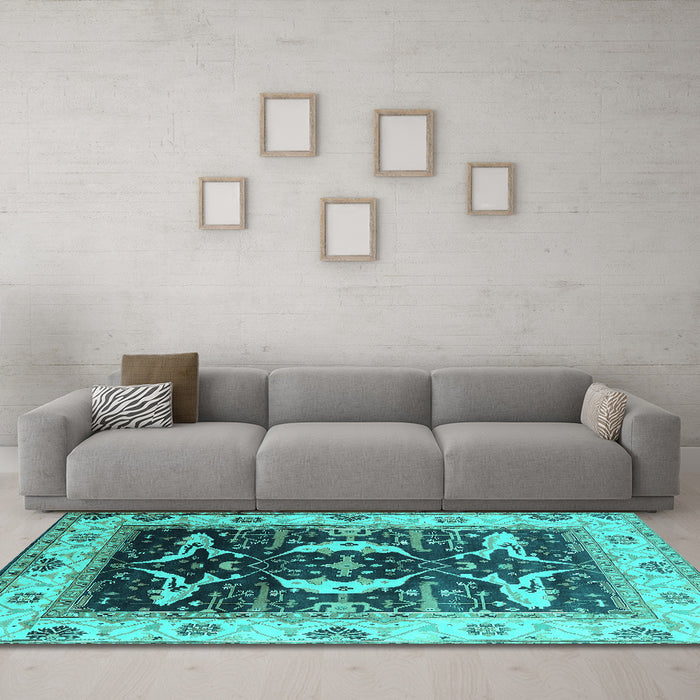 Machine Washable Oriental Turquoise Industrial Area Rugs in a Living Room,, wshurb1659turq