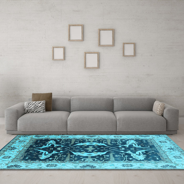 Machine Washable Oriental Light Blue Industrial Rug in a Living Room, wshurb1659lblu