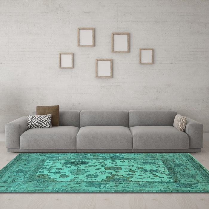 Machine Washable Oriental Turquoise Industrial Area Rugs in a Living Room,, wshurb1661turq