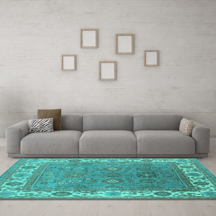 Machine Washable Oriental Turquoise Industrial Area Rugs in a Living Room,, wshurb1663turq