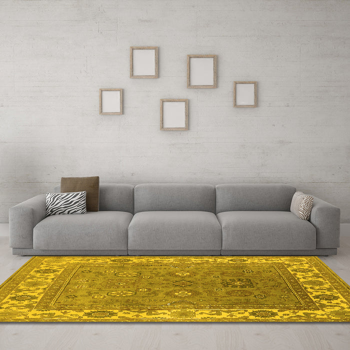 Machine Washable Oriental Yellow Industrial Rug in a Living Room, wshurb1663yw