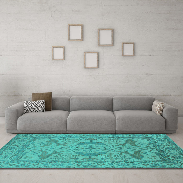 Machine Washable Oriental Turquoise Industrial Area Rugs in a Living Room,, wshurb1668turq