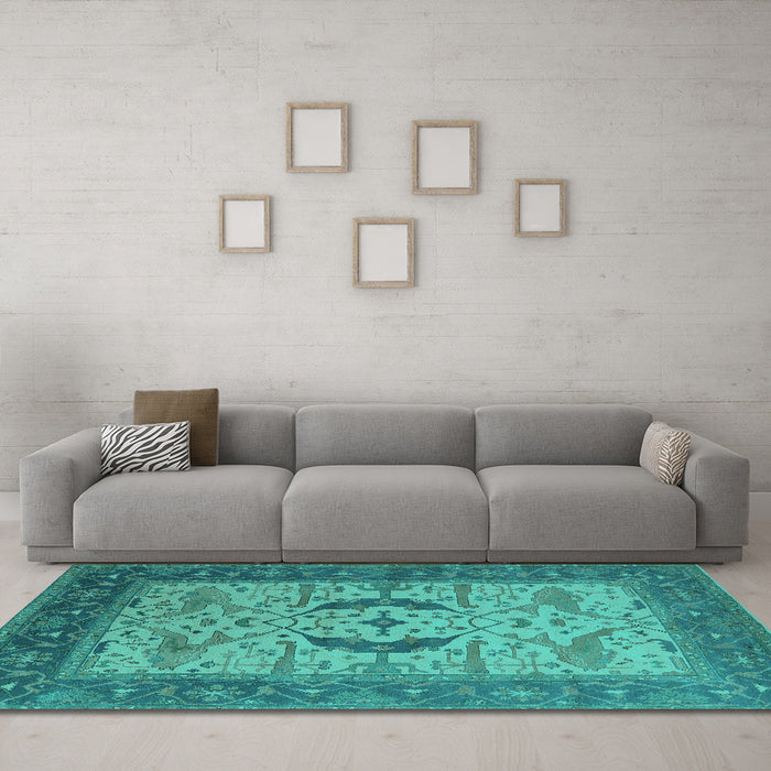 Machine Washable Oriental Turquoise Industrial Area Rugs in a Living Room,, wshurb1669turq