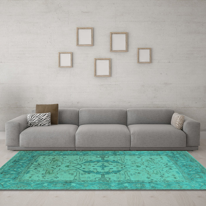 Machine Washable Oriental Turquoise Industrial Area Rugs in a Living Room,, wshurb1670turq