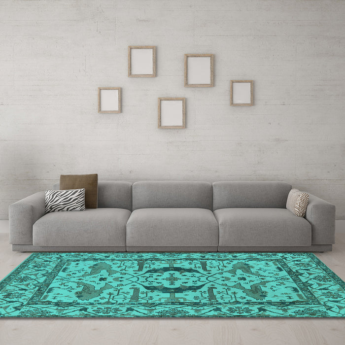 Machine Washable Oriental Turquoise Industrial Area Rugs in a Living Room,, wshurb1671turq