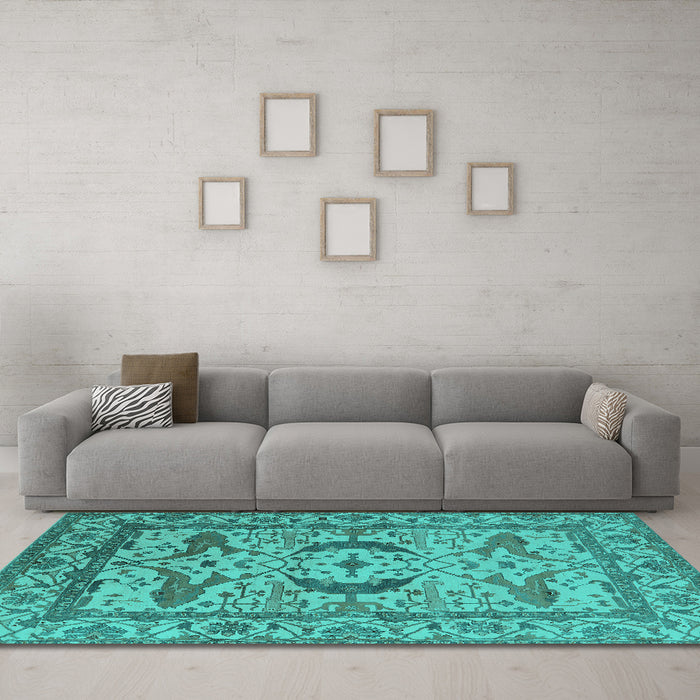 Machine Washable Oriental Turquoise Industrial Area Rugs in a Living Room,, wshurb1672turq
