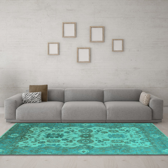 Machine Washable Oriental Turquoise Industrial Area Rugs in a Living Room,, wshurb1673turq
