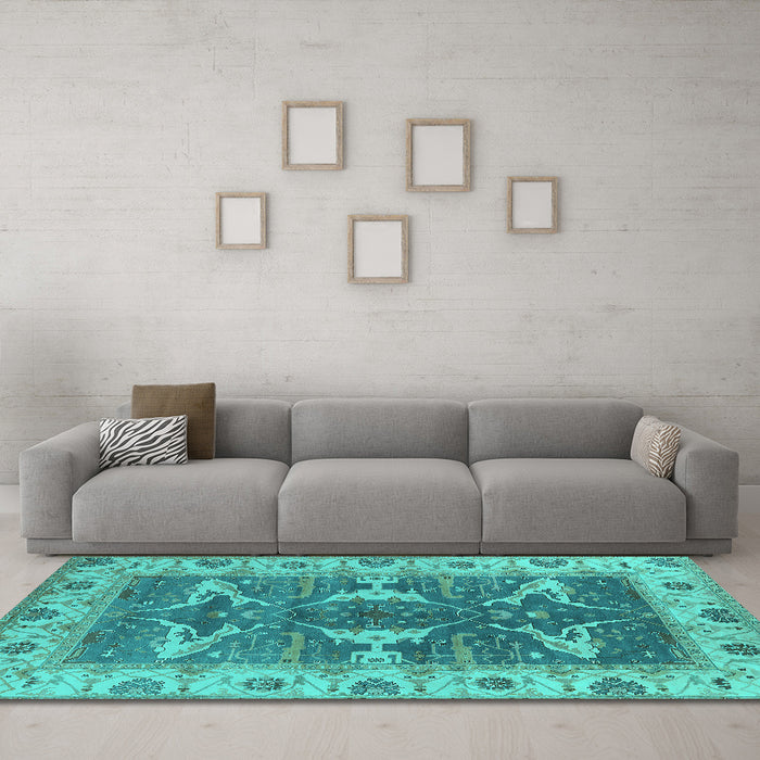 Machine Washable Oriental Turquoise Industrial Area Rugs in a Living Room,, wshurb1674turq