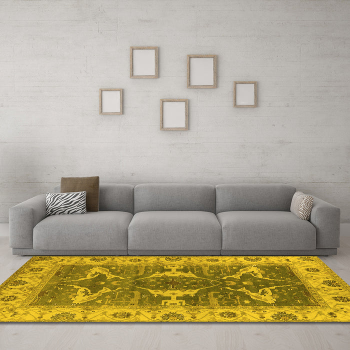 Machine Washable Oriental Yellow Industrial Rug in a Living Room, wshurb1674yw