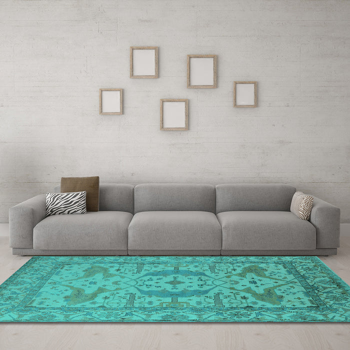 Machine Washable Oriental Turquoise Industrial Area Rugs in a Living Room,, wshurb1675turq