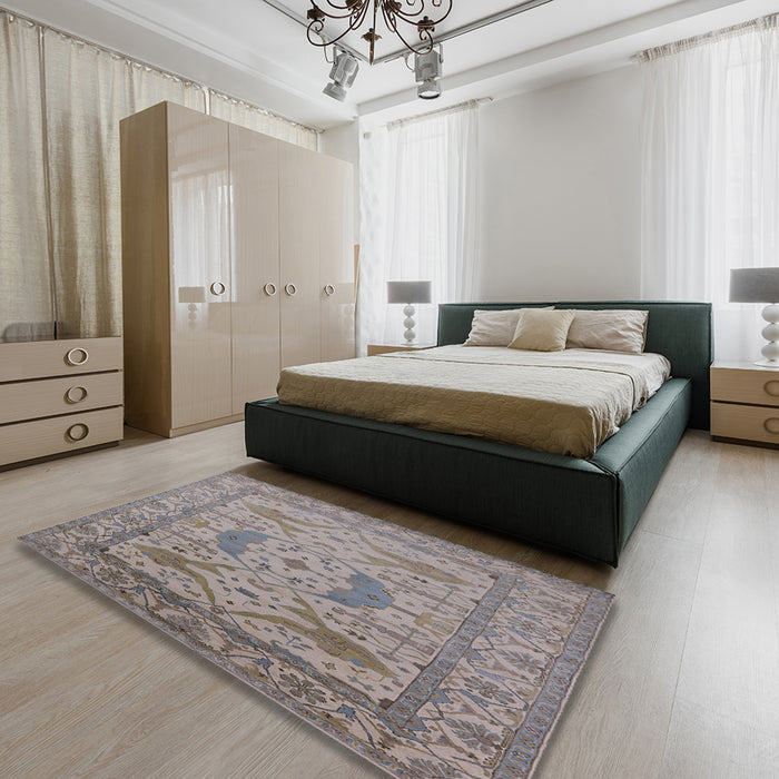 Mid-Century Modern Sandstone Brown Oriental Rug in a Bedroom, urb1675