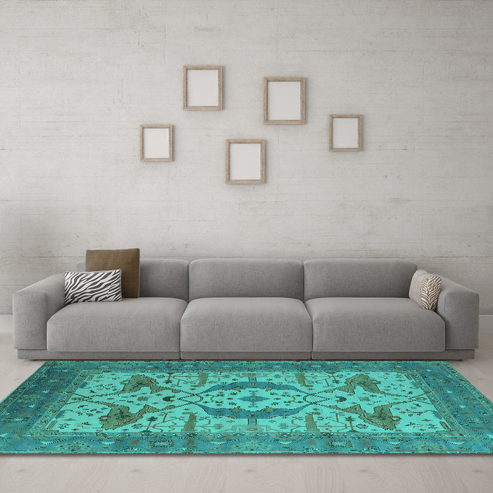 Machine Washable Oriental Turquoise Industrial Area Rugs in a Living Room,, wshurb1676turq