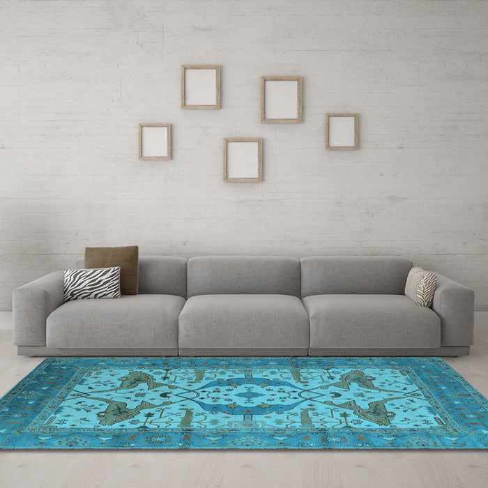 Machine Washable Oriental Light Blue Industrial Rug in a Living Room, wshurb1676lblu
