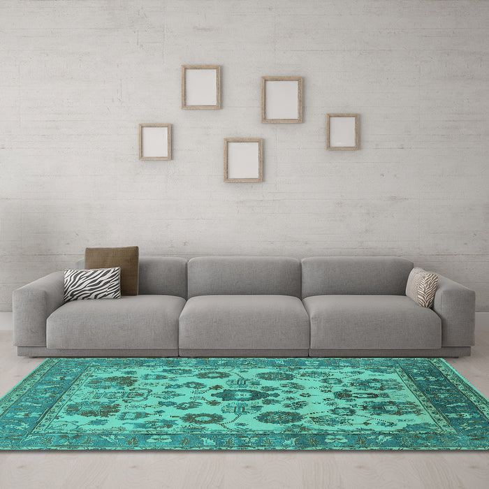 Machine Washable Oriental Turquoise Industrial Area Rugs in a Living Room,, wshurb1677turq
