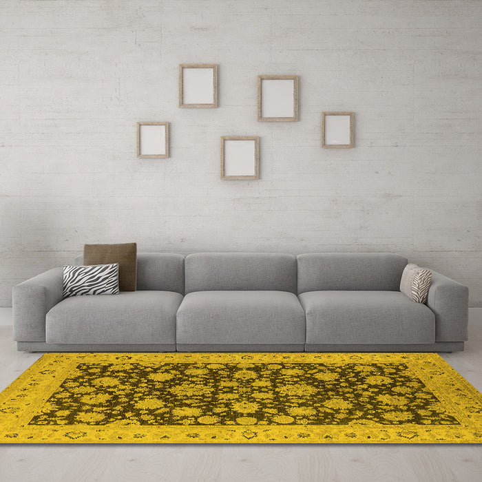 Machine Washable Oriental Yellow Industrial Rug in a Living Room, wshurb1679yw