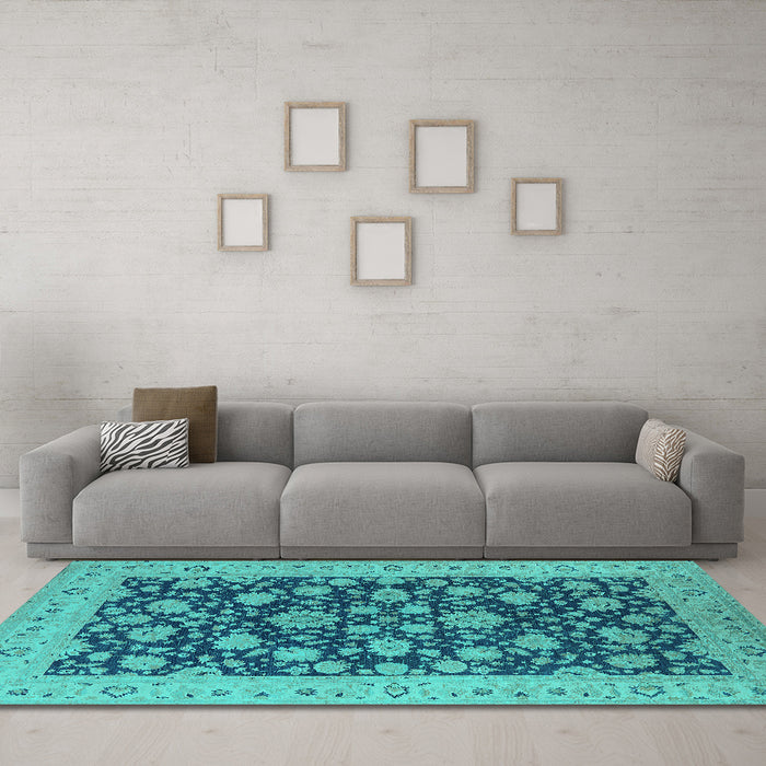 Machine Washable Oriental Turquoise Industrial Area Rugs in a Living Room,, wshurb1679turq