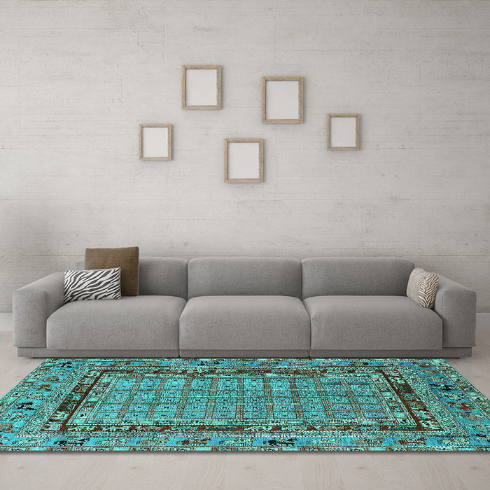 Machine Washable Oriental Turquoise Industrial Area Rugs in a Living Room,, wshurb1680turq