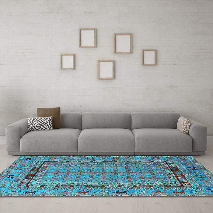 Machine Washable Oriental Light Blue Industrial Rug in a Living Room, wshurb1680lblu