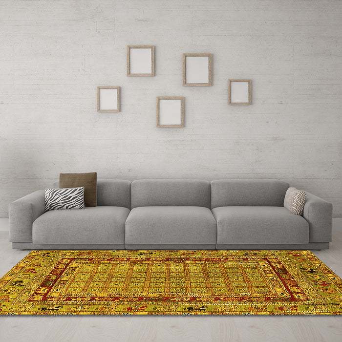 Machine Washable Oriental Yellow Industrial Rug in a Living Room, wshurb1680yw