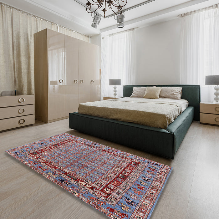 Mid-Century Modern Dark Gray Oriental Rug in a Bedroom, urb1680