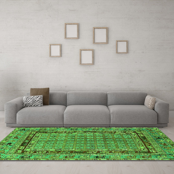 Machine Washable Oriental Green Industrial Area Rugs in a Living Room,, wshurb1680grn