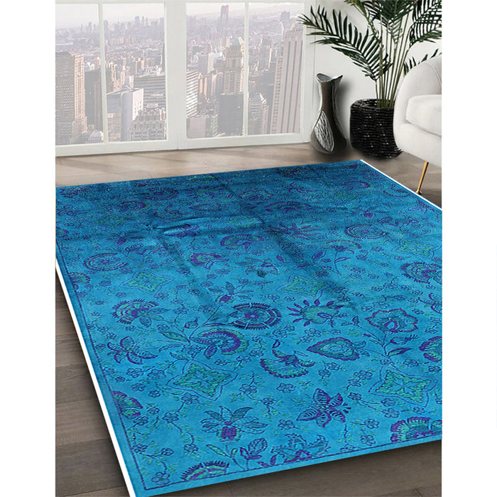 Mid-Century Modern Deep Sky Blue Oriental Rug in Family Room, urb1685
