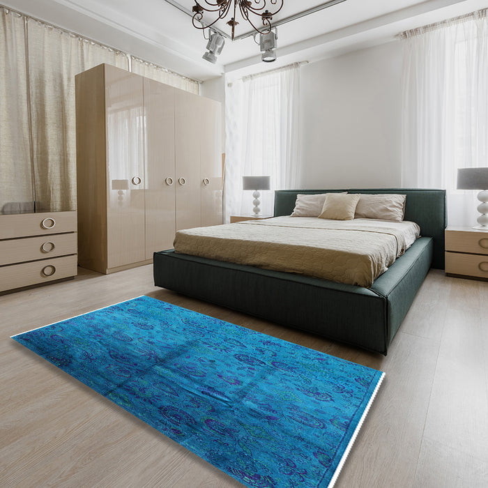 Machine Washable Industrial Modern Deep Sky Blue Rug in a Bedroom, wshurb1685