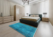 Mid-Century Modern Deep Sky Blue Oriental Rug in a Bedroom, urb1691