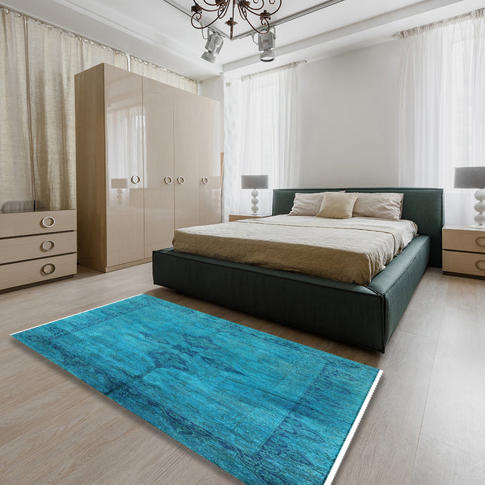 Mid-Century Modern Deep Sky Blue Oriental Rug in a Bedroom, urb1691