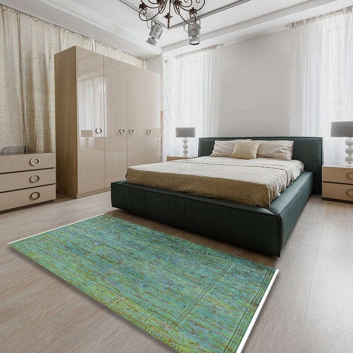 Mid-Century Modern Forest Green Oriental Rug in a Bedroom, urb1700