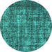 Round Machine Washable Oriental Turquoise Industrial Area Rugs, wshurb1707turq