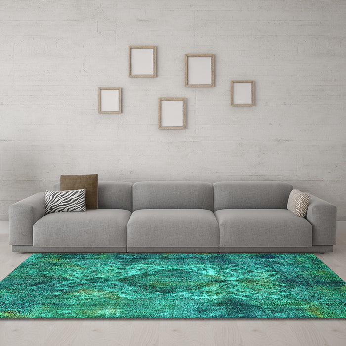 Machine Washable Oriental Turquoise Industrial Area Rugs in a Living Room,, wshurb1708turq