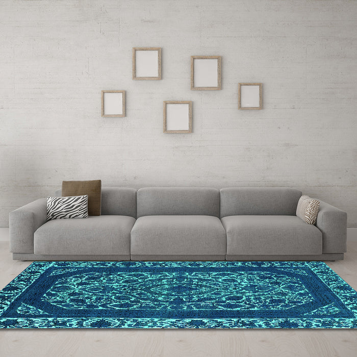 Machine Washable Oriental Turquoise Industrial Area Rugs in a Living Room,, wshurb1711turq