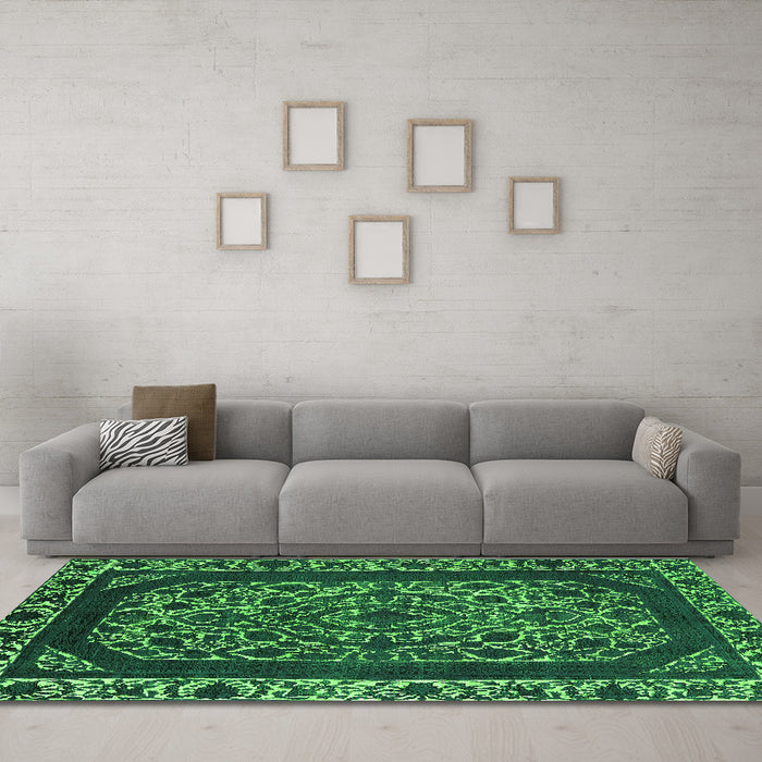 Machine Washable Oriental Green Industrial Area Rugs in a Living Room,, wshurb1711grn