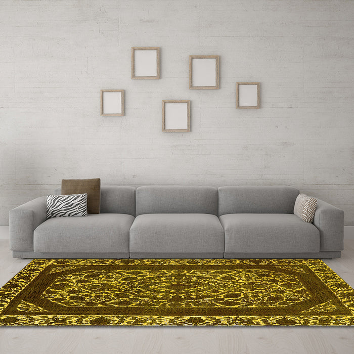 Machine Washable Oriental Yellow Industrial Rug in a Living Room, wshurb1711yw